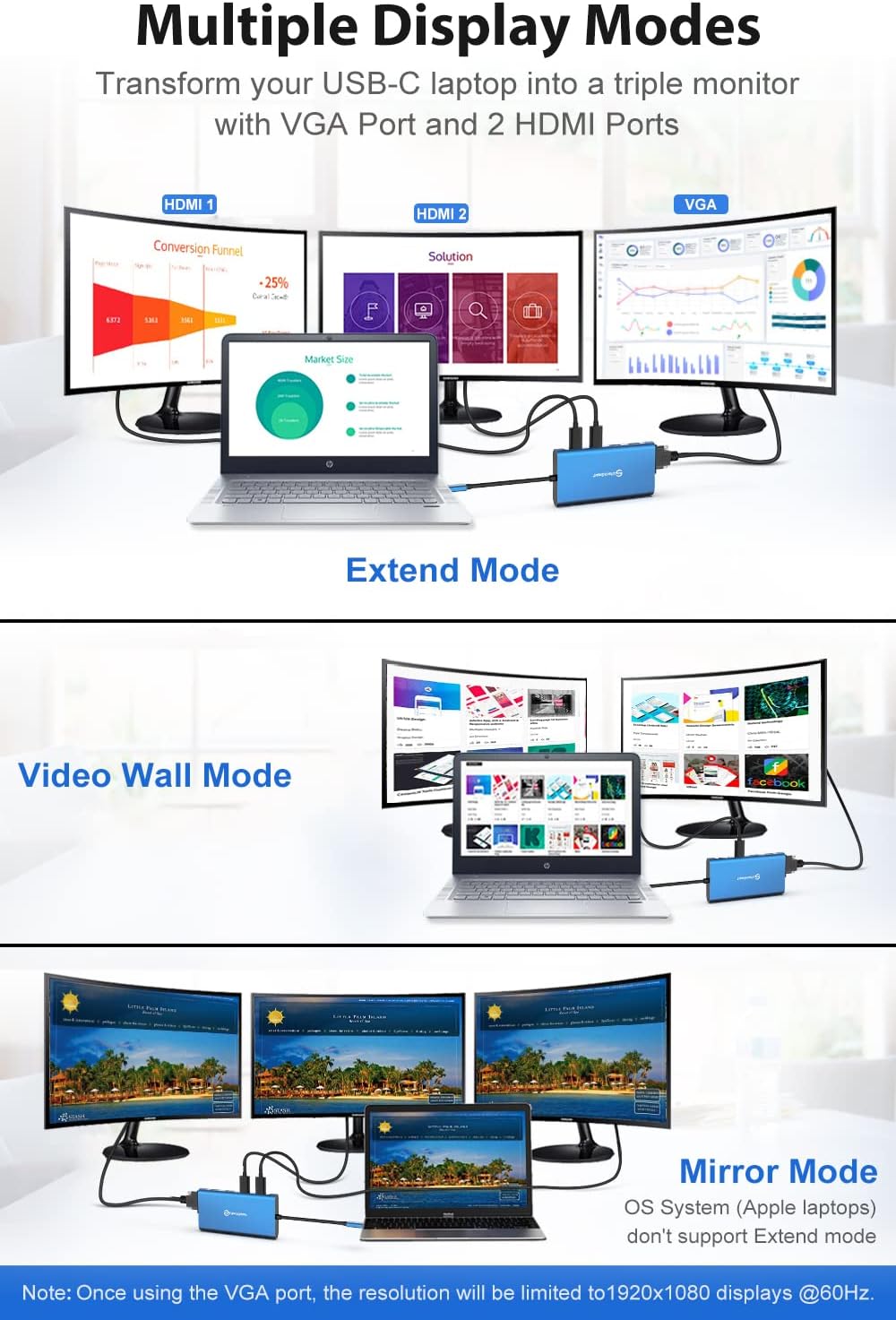 UtechSmart 11 in 1 Docking Station, Triple Monitors USBC Laptop Docking Station with 2 HDMI, VGA, PD3.0, SD TF Card Slot, 4 USB Ports USB-C Adapter Compatible for MacBook & Windows(Blue)