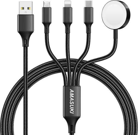 Travel Essentials Multi Charging Cable for Watch Charger 4 in 1 Fast Charger Camping Essentials USB C/L/Micro Compatible with Watch Series 10-1/SE/Ultra Phone 16 15/Galaxy Android-4FT/Black