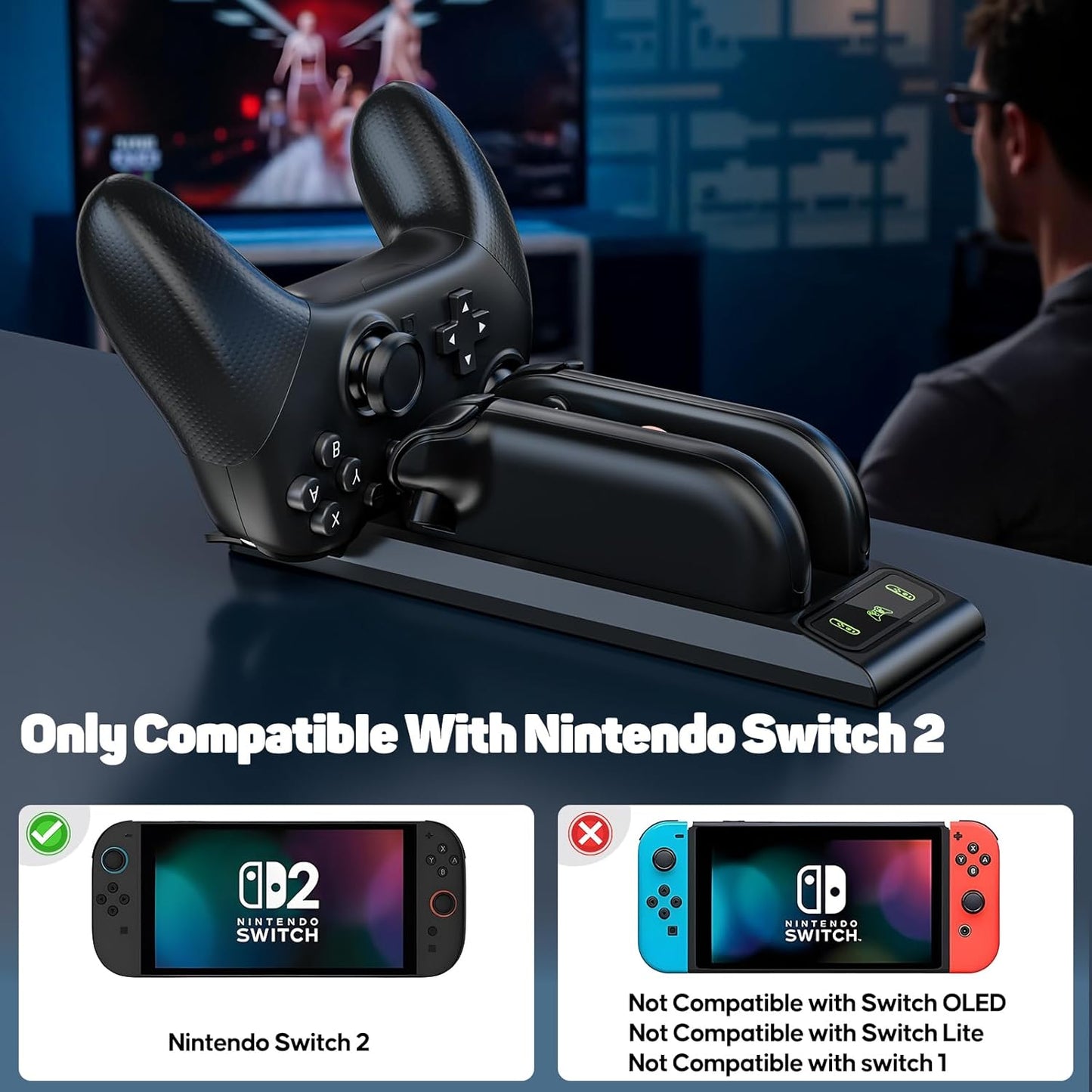 3 in 1 Controller Charger for Nintendo Switch 2 JoyCon/Pro, Charging Dock with Type-C Port and LED Charging Indicator, 2.5H Fast Charging Space-Saving Storage Stand for Switch 2 Accessories