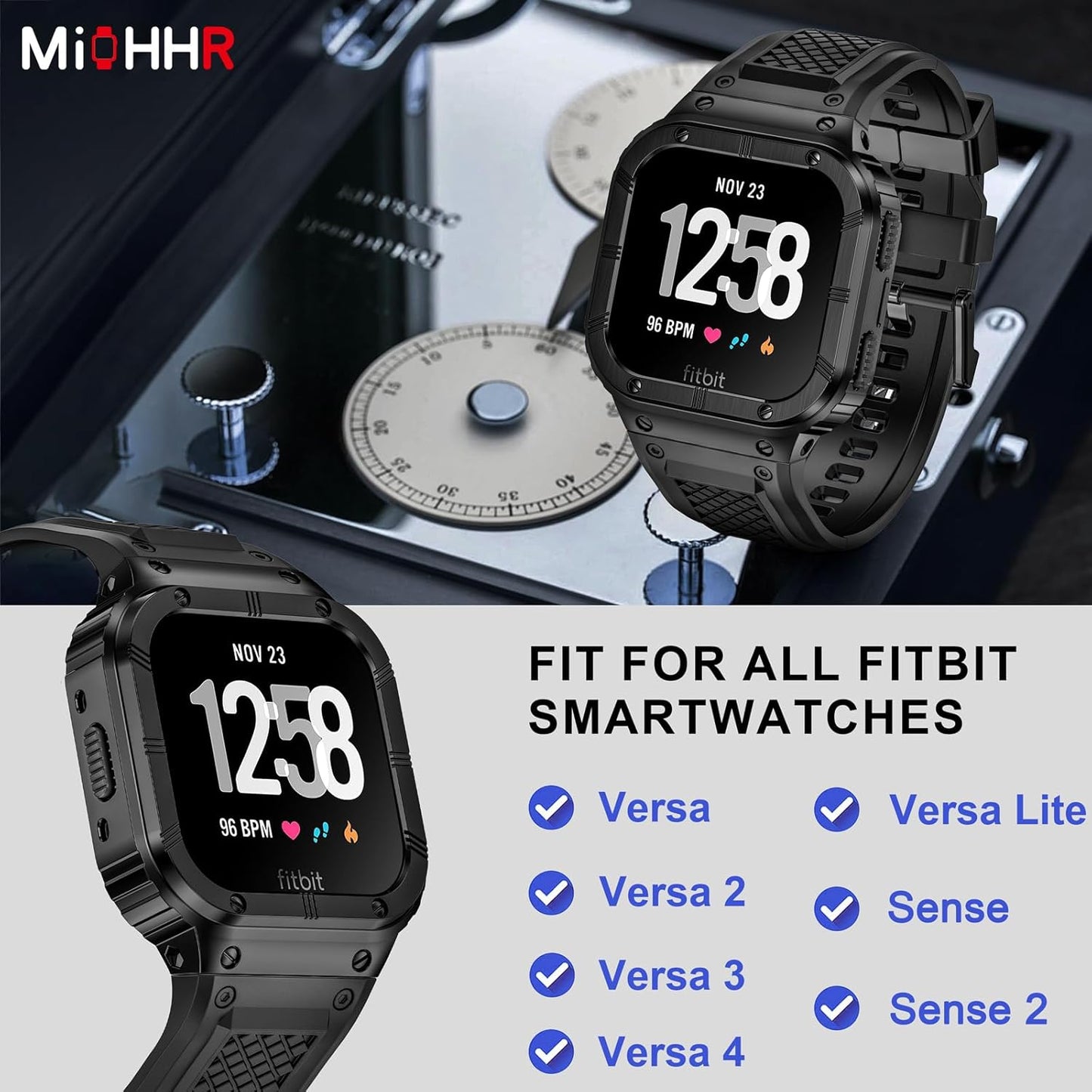 MioHHR Stainless Steel Case and Band Compatible with Fitbit Versa 4/3/2/Lite/Sense/Sense 2 Bands with Metal Case, Rugged Sports Protector Cover Silicone Wristbands for Men, Black