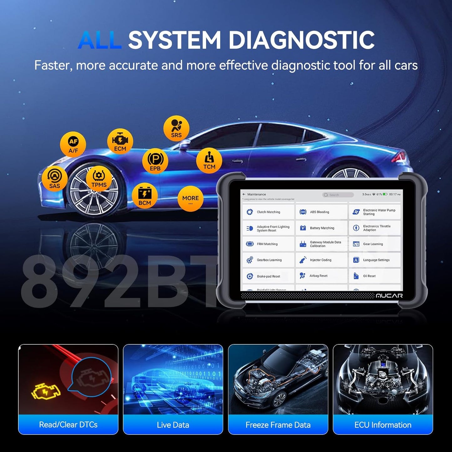 MUCAR 892BT AI-Assisted Bidirectional Scan Tool, Full System OBD2 Scanner, Bi-Directional OBD2 Scanner Diagnostic Tool,ECU Coding, 35 Services, FCA Autoauth, CANFD and DOIP, Free Lifetime Upgrade