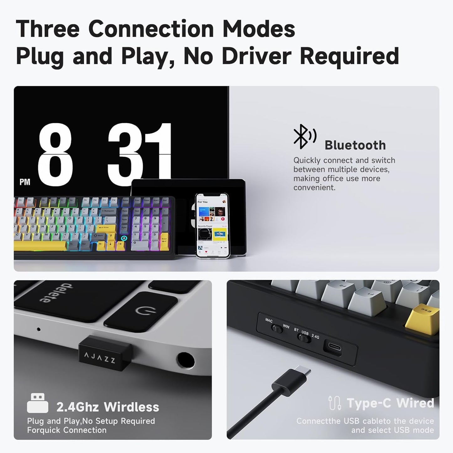 NACODEX Ajazz AK980 Grey Yellow Wireless Mechanical Gaming Keyboard,Tri-Mode BT5.0/2.4GHz/USB-C Hot Swappable Custom Keyboard RGB Backlit Computer Gaming Keyboards for PC/Tablet/PS/Xbox