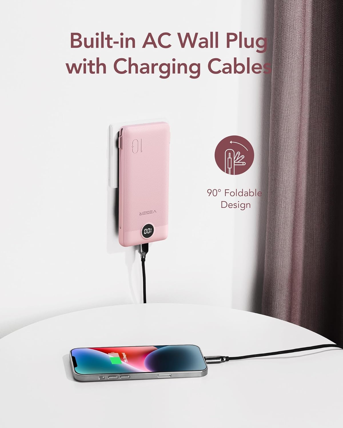 VEGER Portable Charger for iPhone with Built in Cables and Wall Plug, 10000mah Slim Fast Charging USB C Power Bank, Travel Essential Battery Pack Compatible with iPhone, iPad, Samsung etc(Crepe)