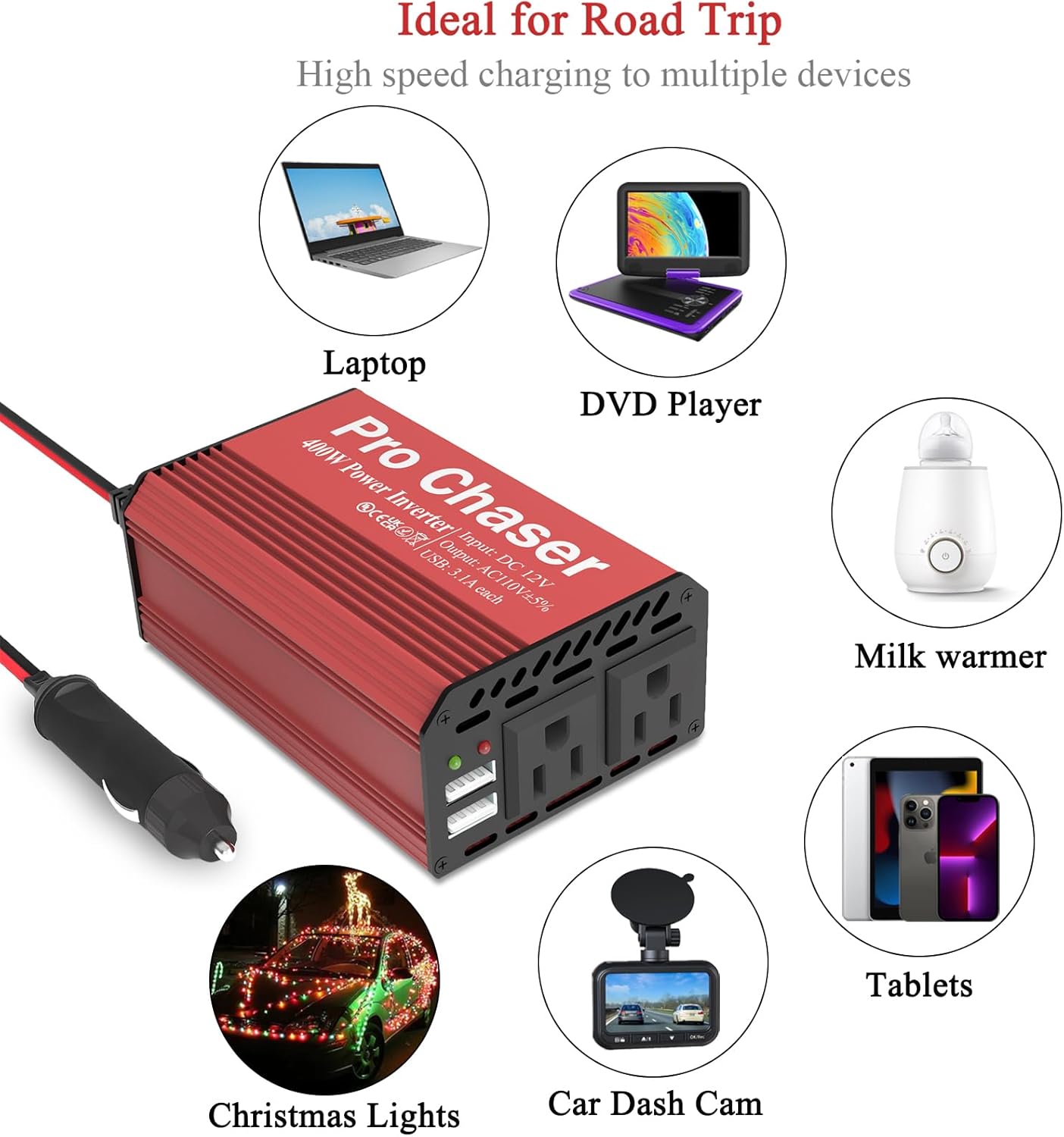 Pro Chaser 400W Car Power Inverter 12V DC to 110V AC Car Truck RV Inverter 6.2A Dual USB Charging Ports for Road Trips (Type C Adaptors Included) (Red)