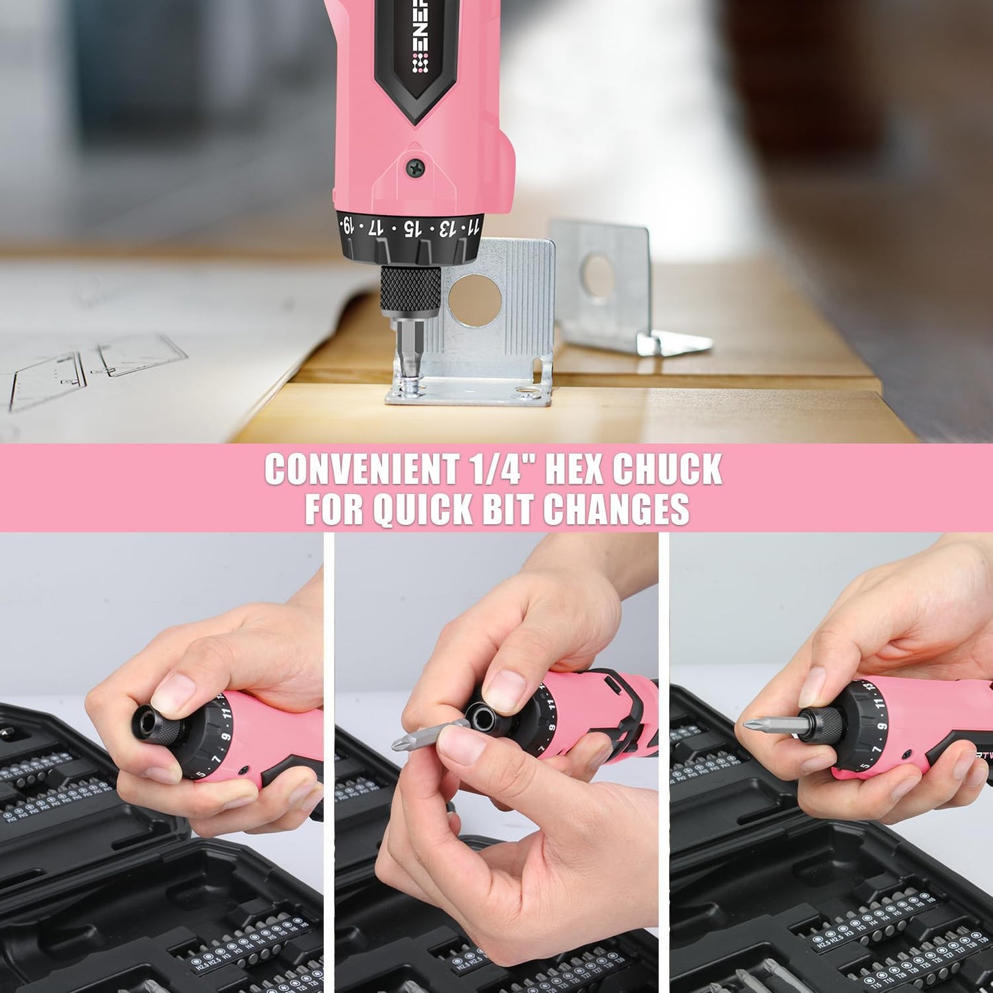 Enertwist Electric Screwdriver, 8V Max 10Nm Pink Cordless Screwdriver Rechargeable Set with 9 Accessory Kit, 21+1 Cluth, Dual Position Handle, LED Light