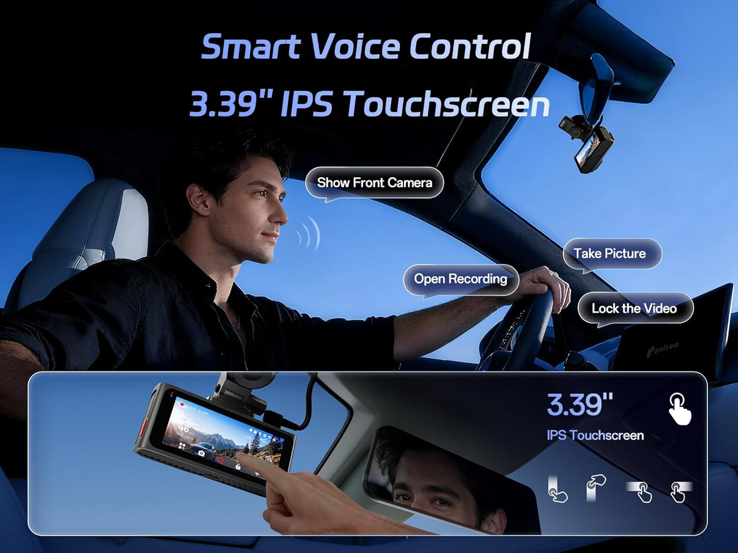 Pelsee 4K Dash Cam Front and Rear, STARVIS 2 Sensor, Dash Camera for Cars with Full-Color Night Vision, 128GB Card, 48H Parking Mode, Voice Control & WiFi, 3.39"Car Dash Camera, HDR ADAS GPS S3 Touch