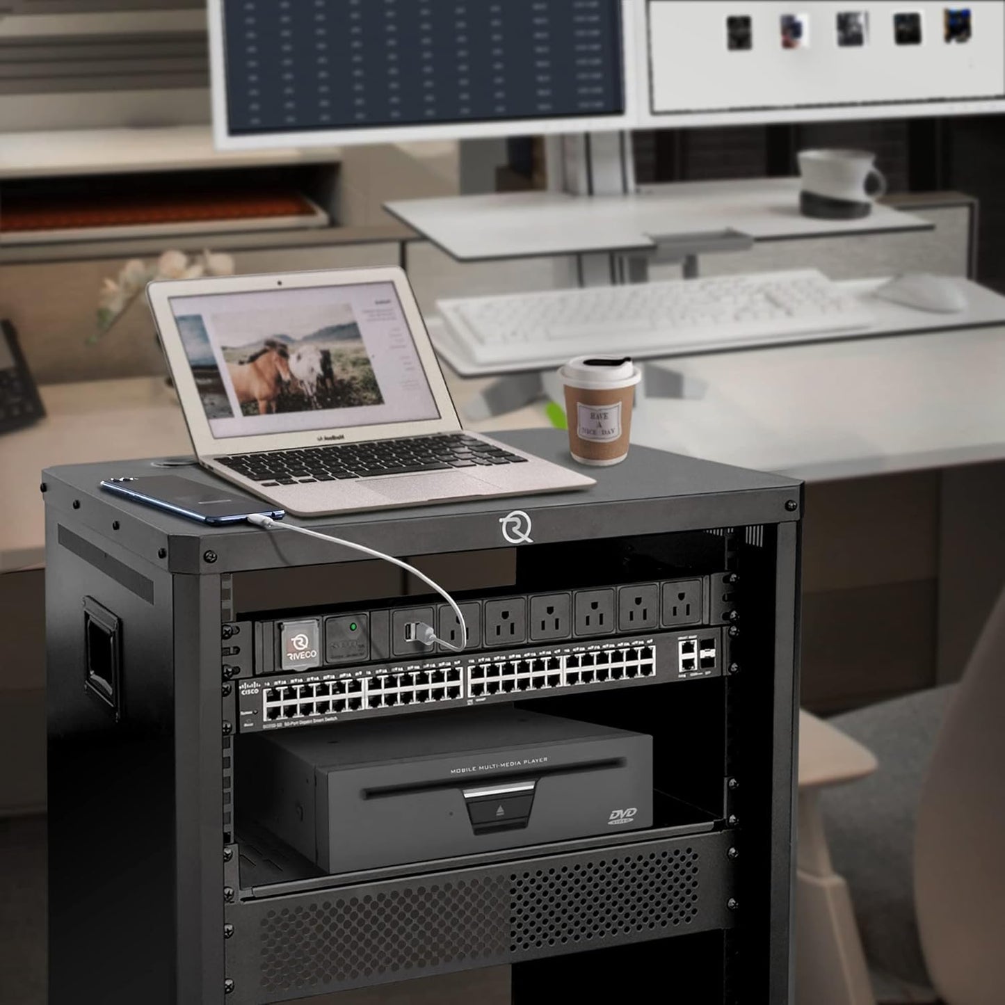 RIVECO 9U Network & Audio Rack with Feet & Wheels, Obtuse Angel Server Rack Cabinet, Rolling Studio Rack Case with Adjustable Depth Rails for 19" Stereo Recording & IT Equipment Mounting 1PCS