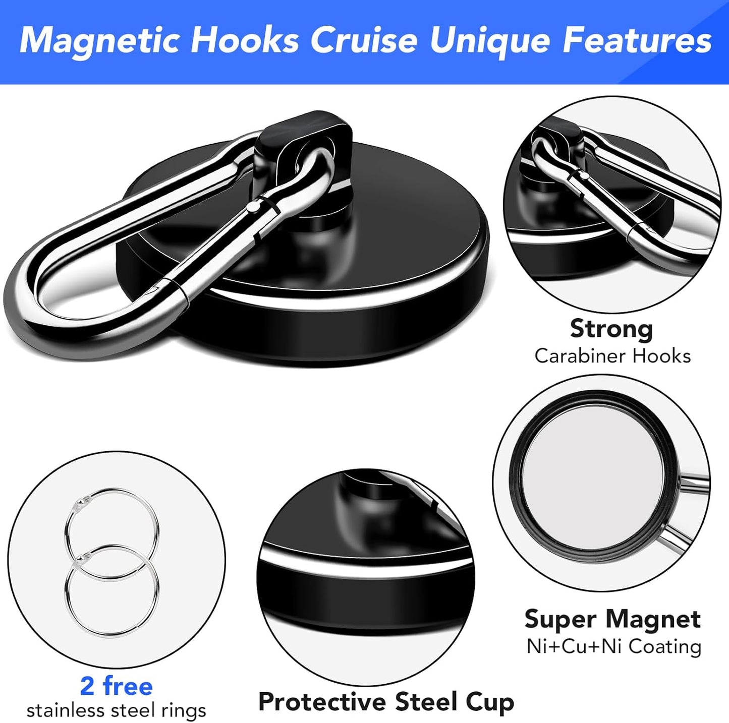 LOVIMAG Strong Magnets with Hooks, 200LBS+ Heavy Duty Magnets with Epoxy Coating for Cruise, Magnetic Hooks with Swivel Carabiner Hook, Powerful Neodymium Magnet for Hanging, Kitchen,Garage-2 Pcs