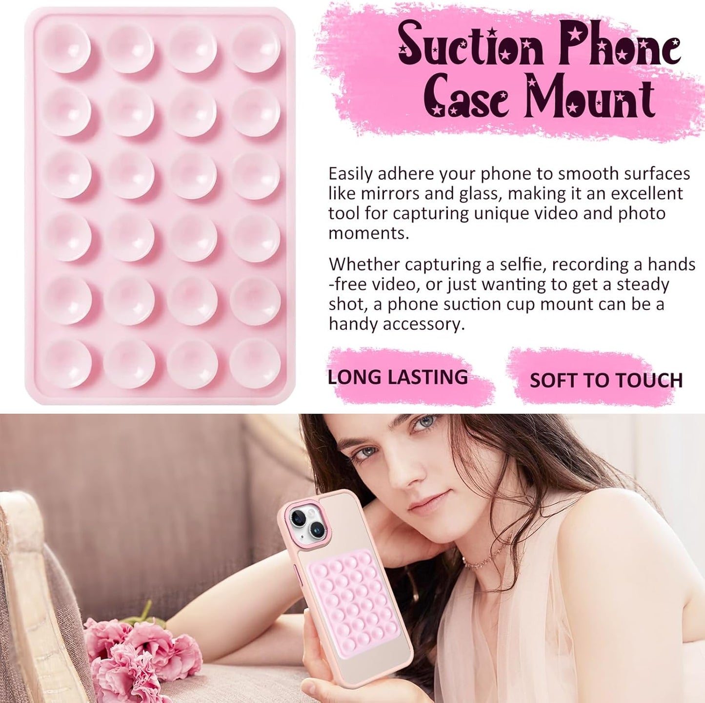 Silicone Suction Phone Case Mount 3 Pack, Silicon Adhesive Suction Cup Phone Mount, Non Slip Sticky Phone Grip for Cellphone, Strong Grip Holder for Selfies and Videos (LTPK&WT&TP)