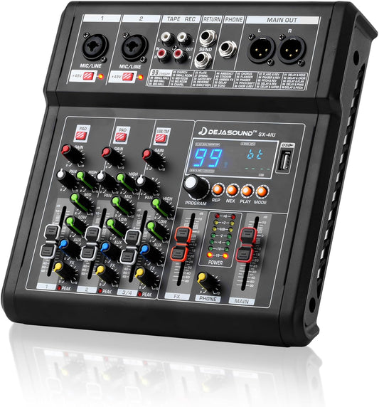 4-Channel Audio Mixer for PC, SX-4iu Mixing Console with XLR Inputs, Bluetooth, 99 Digital Signal Processor Effects, USB Interface, MP3 Compatible for Podcast, Music, Recording 9.84"x2.17"x9.84"inches