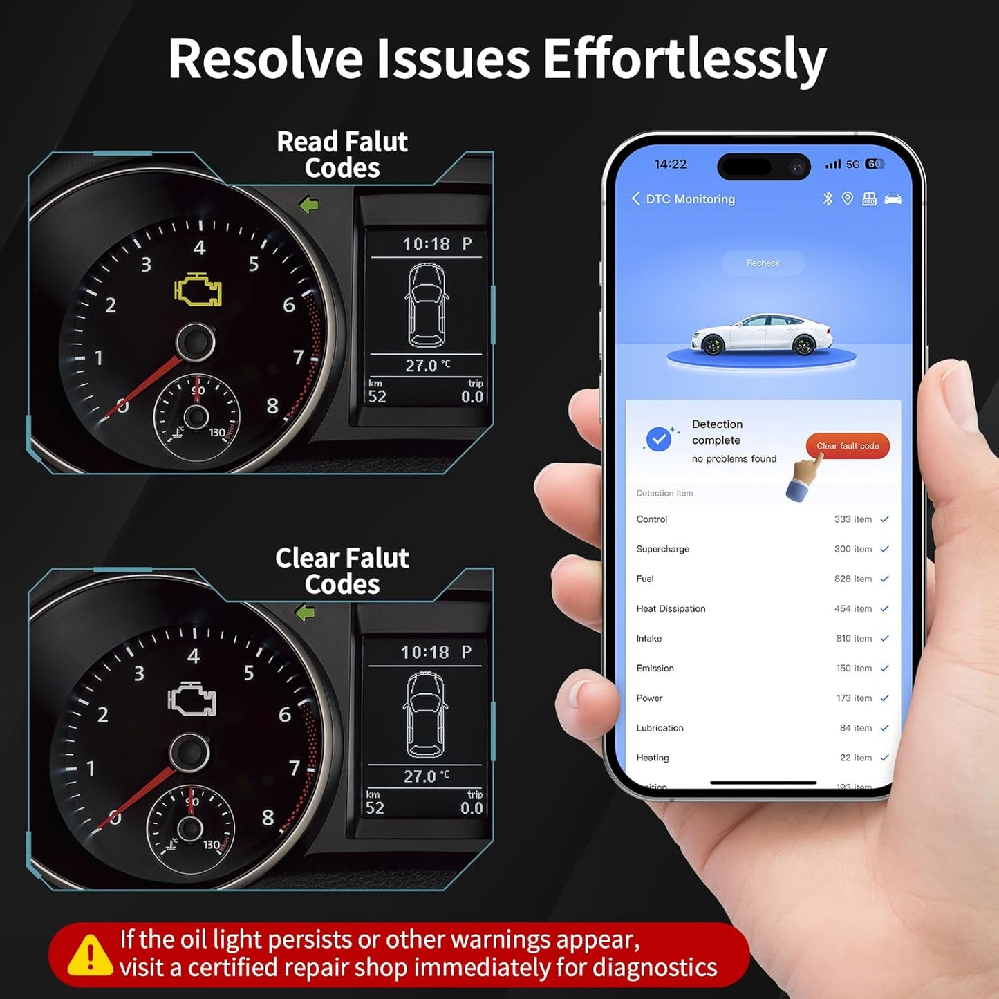 OBD2 Scanner for Car Bluetooth 5.4 - Codes can be Read and Cleared Quickly with Android and iOS Compatible - Diagnosis of The vehicle's Engine, ABS, SRS, airbags and More Than 35,000 Problems