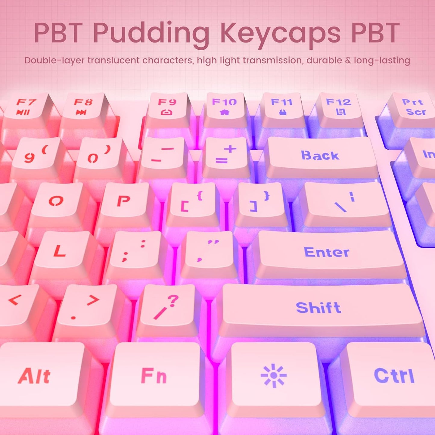Pink Creamy Keyboard, Rainbow LED Backlit, 104 Keys Silent Light Up Gaming Keyboard with Wrist Rest, PBT Keycap, Anti-ghosting, Waterproof USB Wired Computer Keyboard for PC Mac Xbox