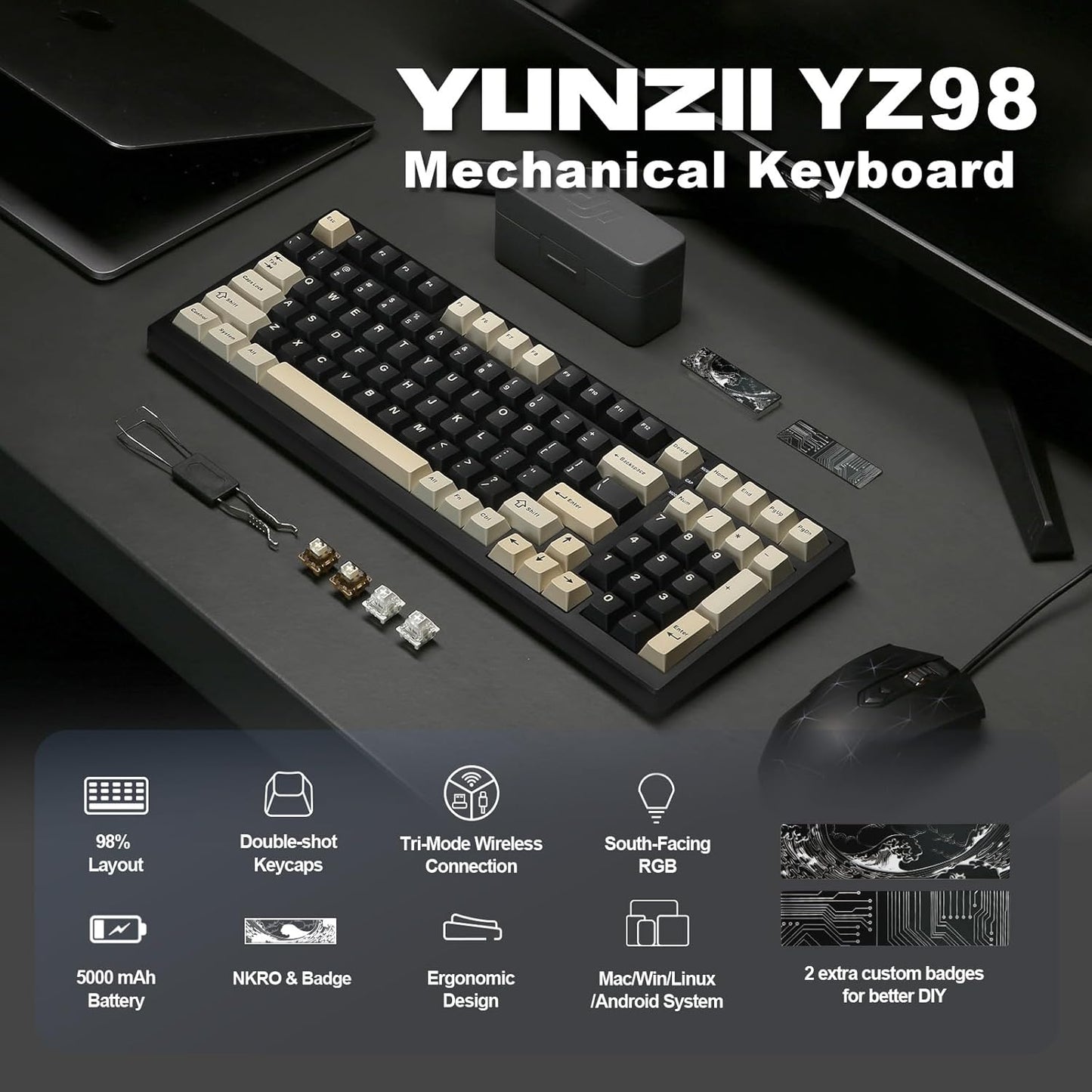 YUNZII YZ98 Gasket Mechanical Keyboard,99 Key Hot Swappable BT5.0/2.4G/USB-C Wireless NKRO 98% 1800 Layout with RGB LED Backlit for Linux/Win/Mac(Black, Cocoa Cream V2 Switch)