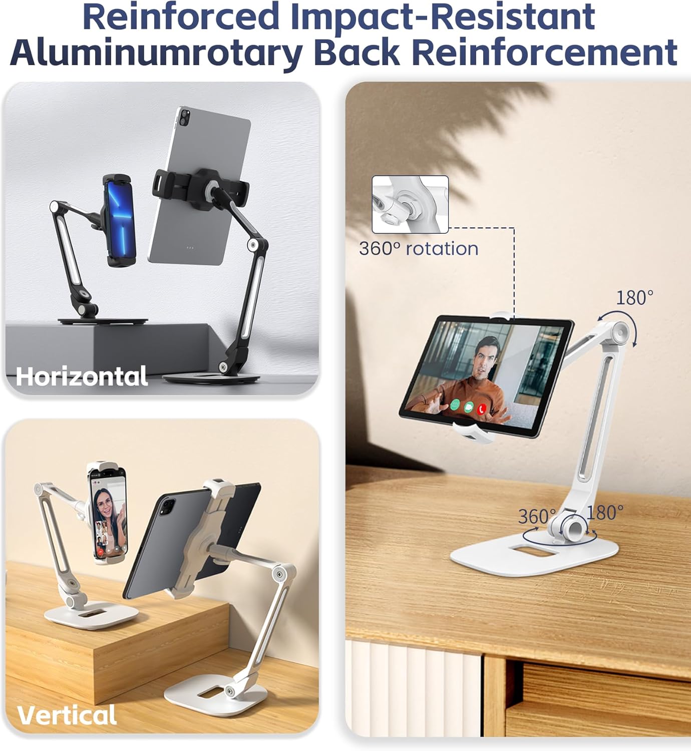 Tablet Stand Universal Holder for 4.9" - 12.9" Devices, 360° Rotating Security Stand for iPad, iPad Air, Samsung, Height Adjustable Foldable Table Top (White)