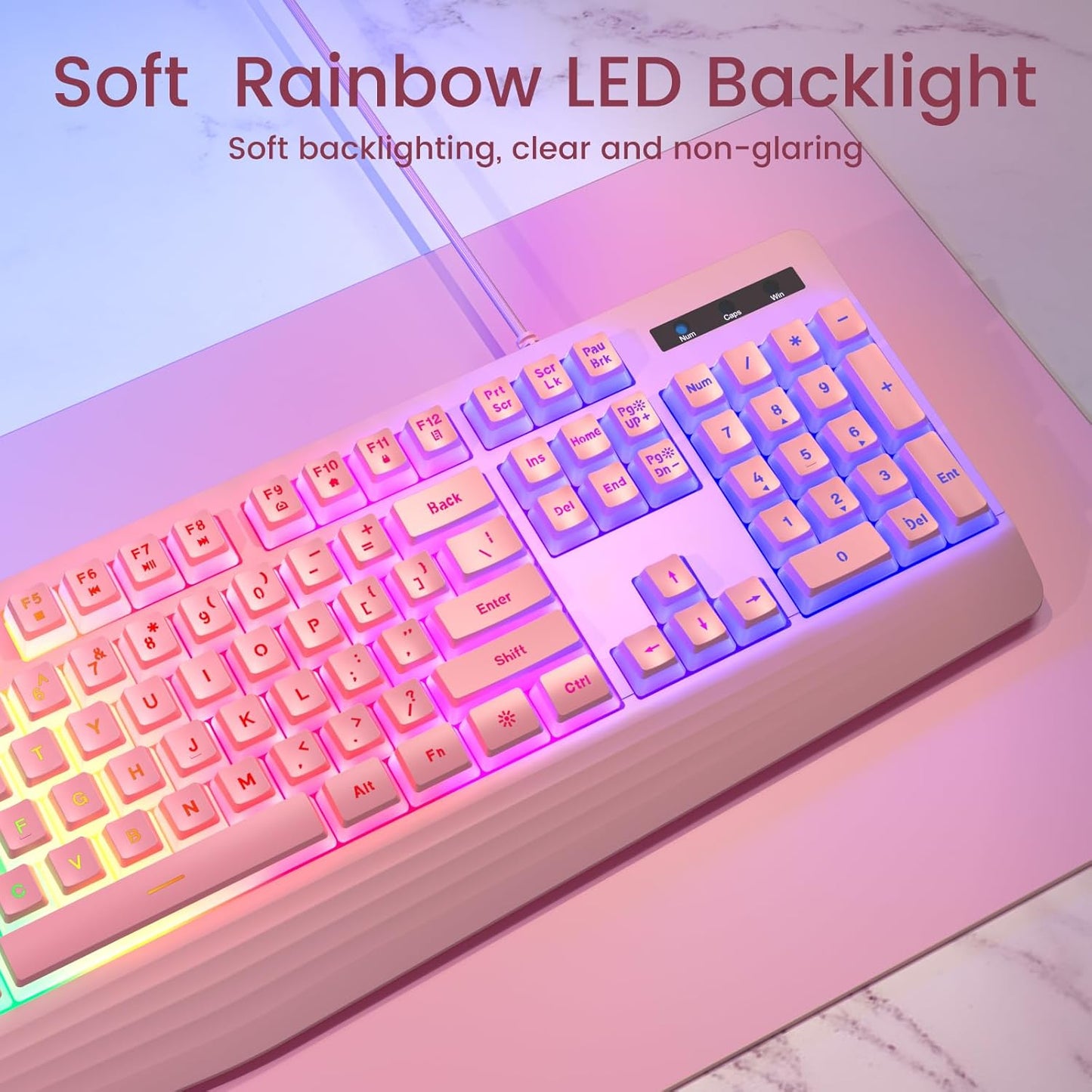 Pink Creamy Keyboard, Rainbow LED Backlit, 104 Keys Silent Light Up Gaming Keyboard with Wrist Rest, PBT Keycap, Anti-ghosting, Waterproof USB Wired Computer Keyboard for PC Mac Xbox