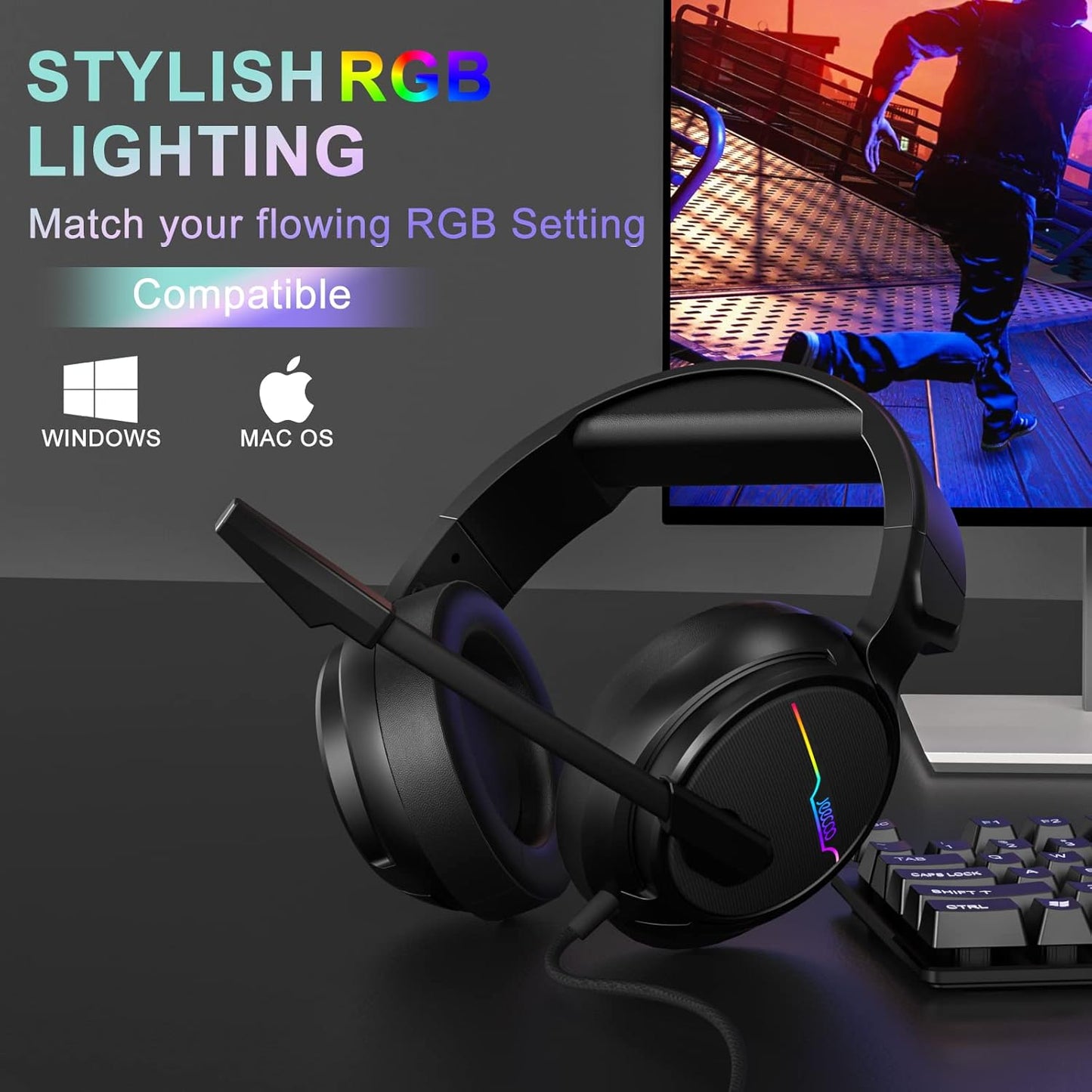 Jeecoo V20U USB Pro Gaming Headset for PC - 7.1 Surround Sound Headphones with Noise Cancelling Microphone- Memory Foam Ear Pads for Laptop Computers