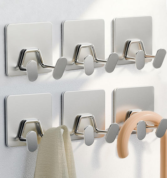 Shower Hooks for Inside Shower - Extra Sticky Stainless, Razor Holder Accessories, Wall Mounted Self-Adhesive Double Hooks for Razor, Loofah, Towel, Shaver, Coat, Key, Silver 6 Pack