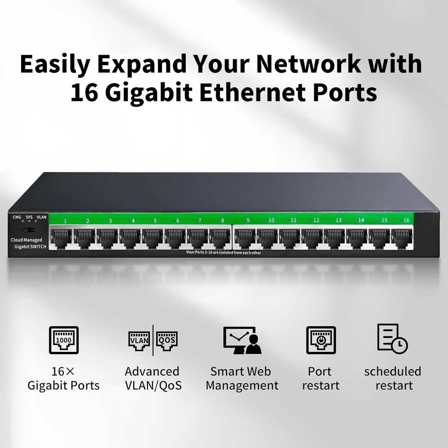 STEAMEMO 16-Port Gigabit Ethernet Switch | Smart Managed with VLAN & QoS | Plug & Play Desktop/Wall Mount Network Switch | Metal Enterprise Switch(Includes Power Adapter)
