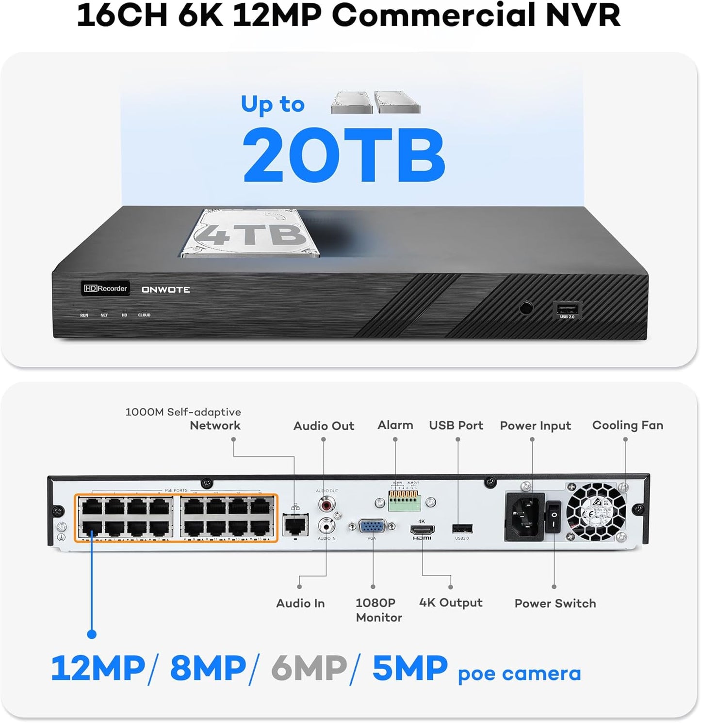 ONWOTE 16 Channel NVR PoE Security Camera System Wired, 12MP 4K 16CH Commercial NVR 4TB, Smart AI Color Night, 12x 6MP 122° Outdoor Audio IP Cameras, 12x Cables(Total 960ft), CCTV for Businesses Home