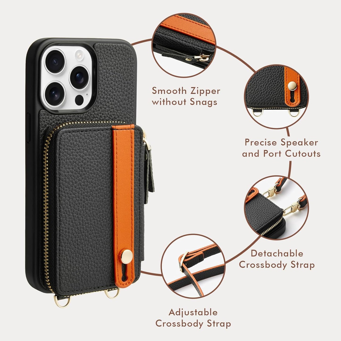 LAMEEKU for iPhone 15 Pro Wallet Case with Card Holder, Zipper Leather Crossbody Case with Kickstand Wrist Strap Lanyard for Women, Protective Cover with Phone Grip Holder Stand 5G 6.1 inch Black