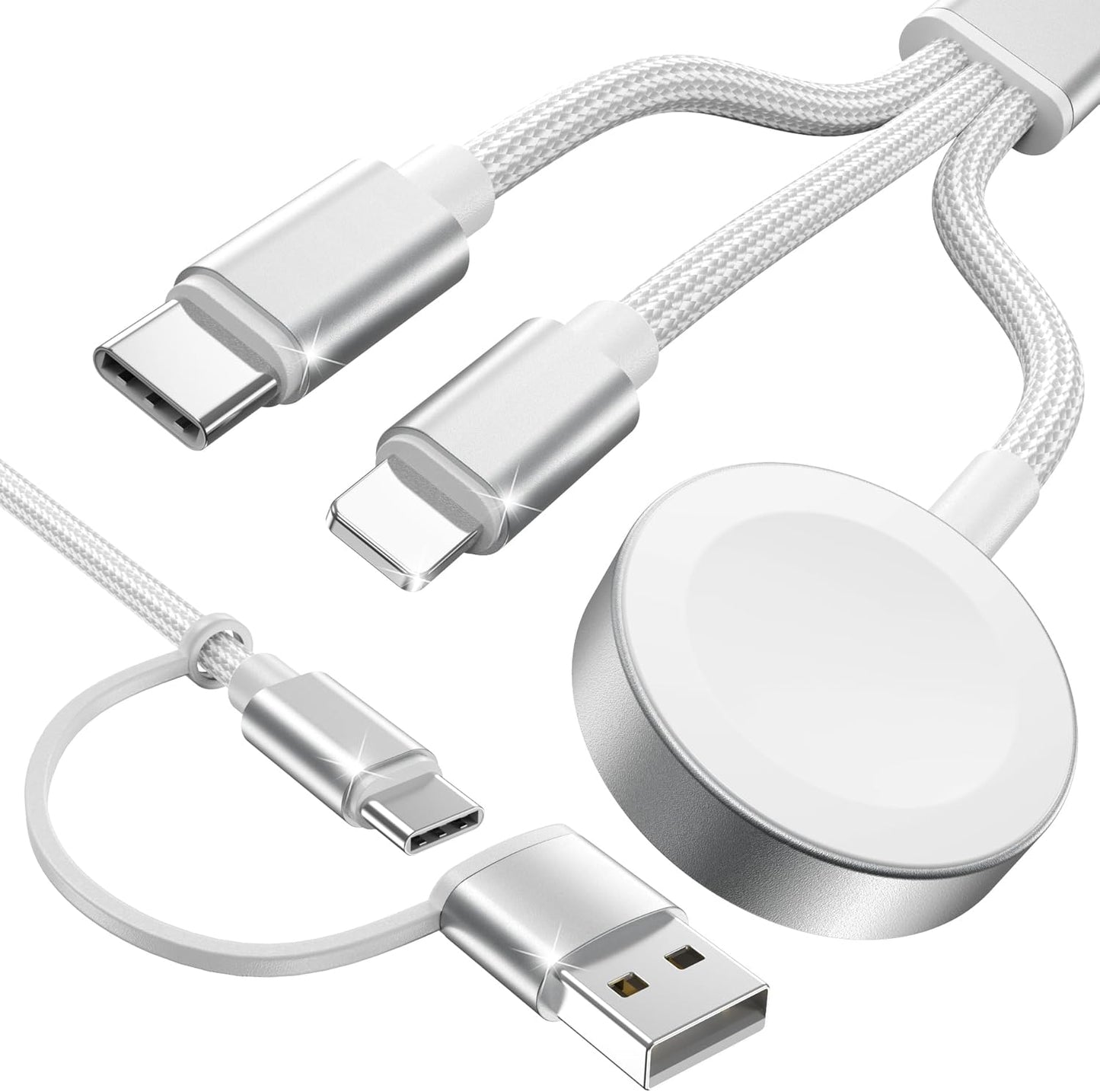 White-Upgraded 3 in 2 USB C Cable for Watch Charger Phone Charger USB C Multi Fast Charging Cable Compatible with Watch Ultra/SE/10/9/8/7/6/5/4/3/2/1 & Phone 16/15/14/Galaxy S23-4FT