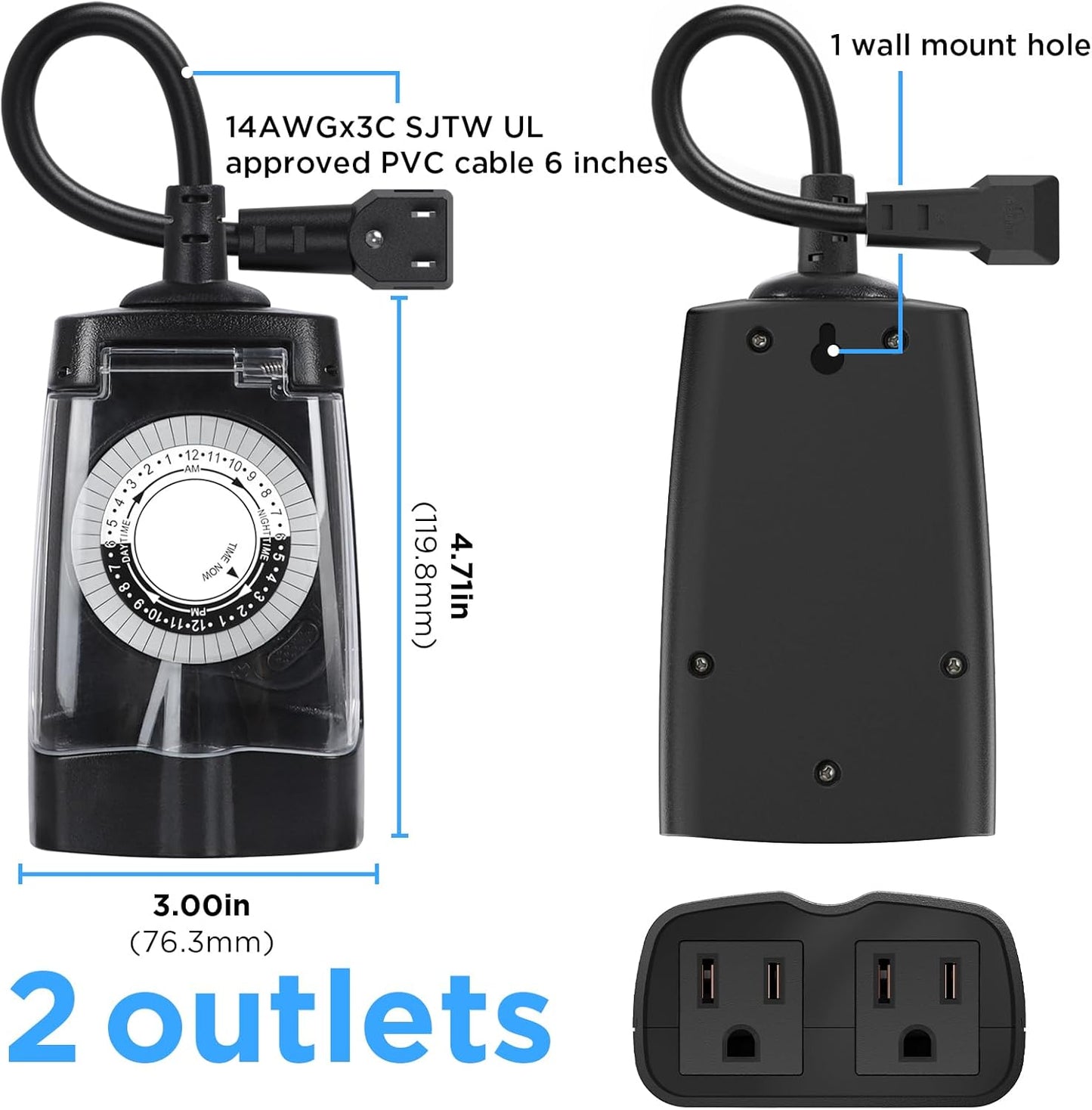 G-ELEK Outdoor Timer Outlet Waterproof, 24 Hour Outdoor Light Timer, Timers for Electrical Outlets, Ideal for Pool Pump, Christmas Lights, Heavy Duty, 2 Grounded Outlets, ETL Listed, 2 Pack