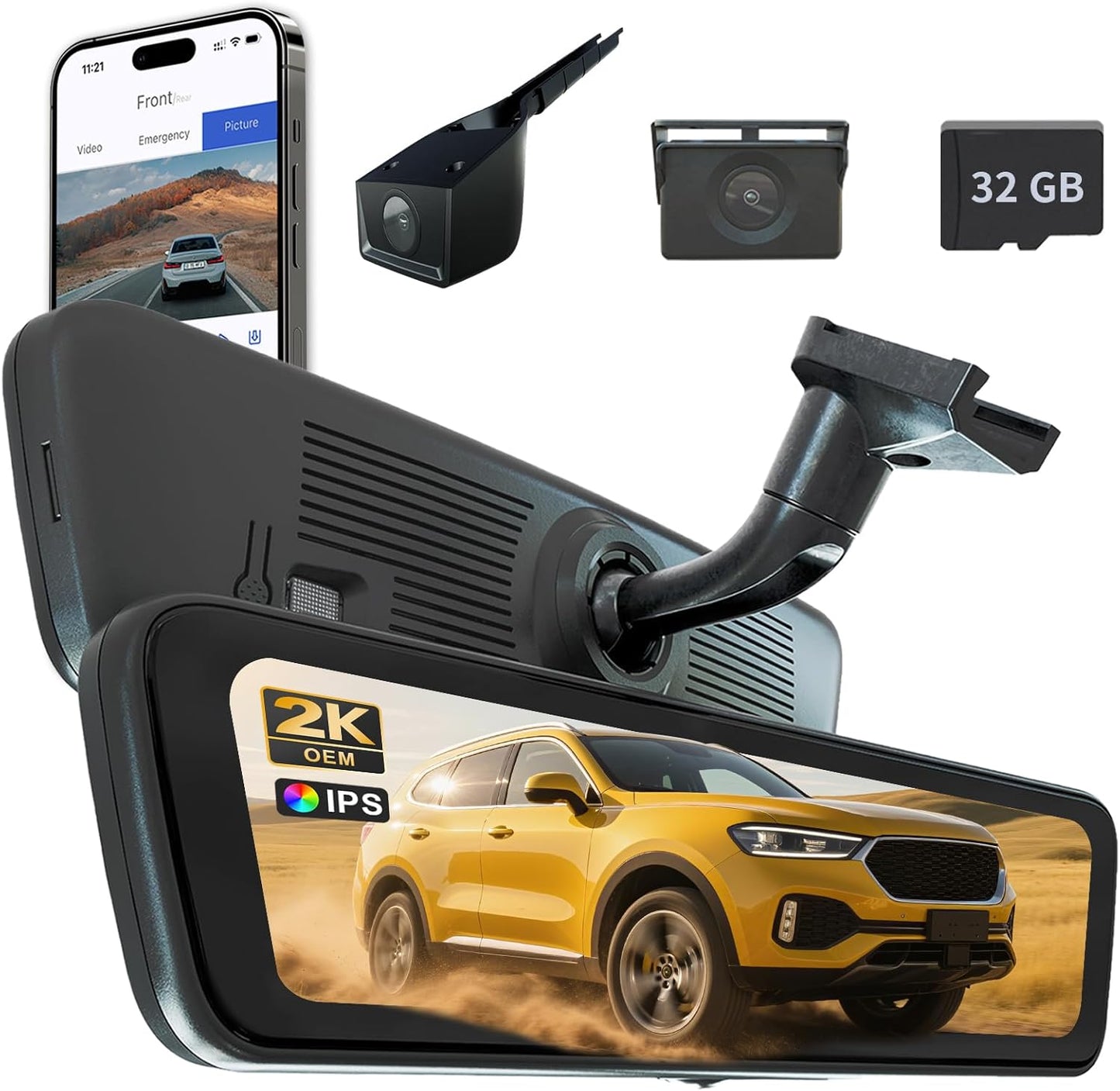 9.66″ OEM Rear View Mirror Camera, Dash Cam, Detached Front Lens, 2K, IPS Screen, Night Vision, Parking Monitor, 32GB SD, for Trucks, Vans, SUVs