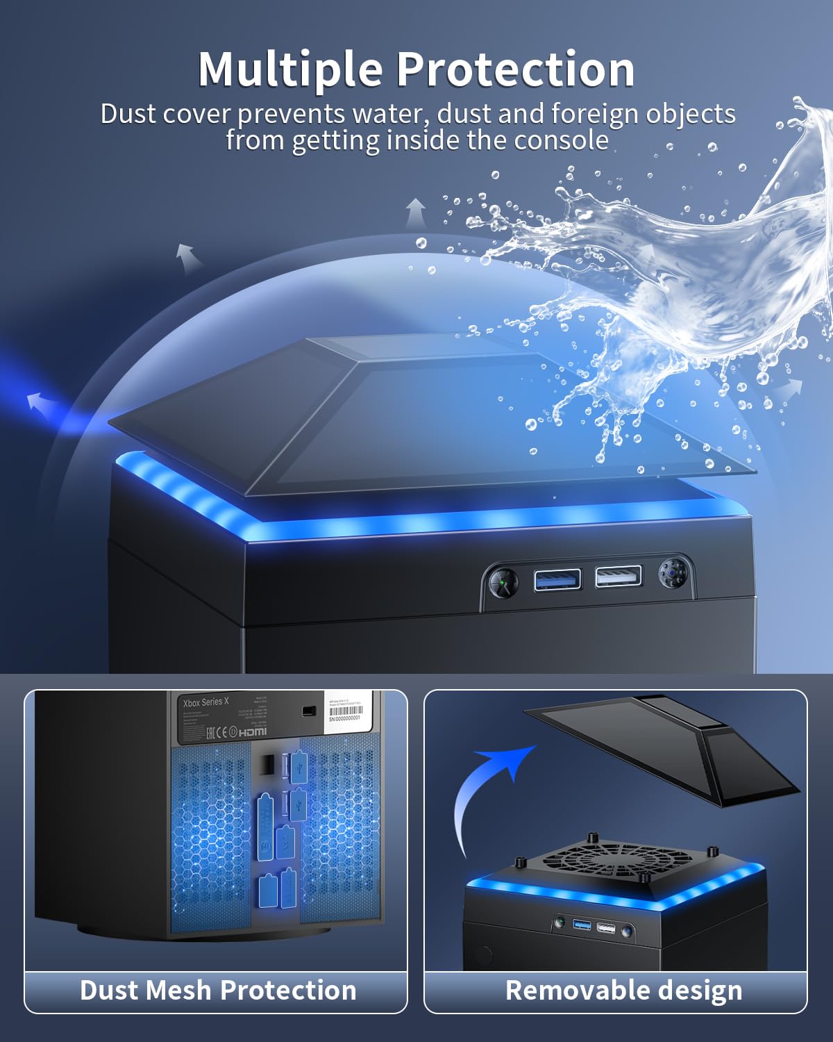 MENEEA Cooling Fan Dust Proof for Xbox Series X Console with Colorful Light Strip,Dust Cover Filter,Rubber Dust Plugs,Low Noise Top Fan with 3 Gears,Cooler&Light Independent Touch Switch, 2 USB Port