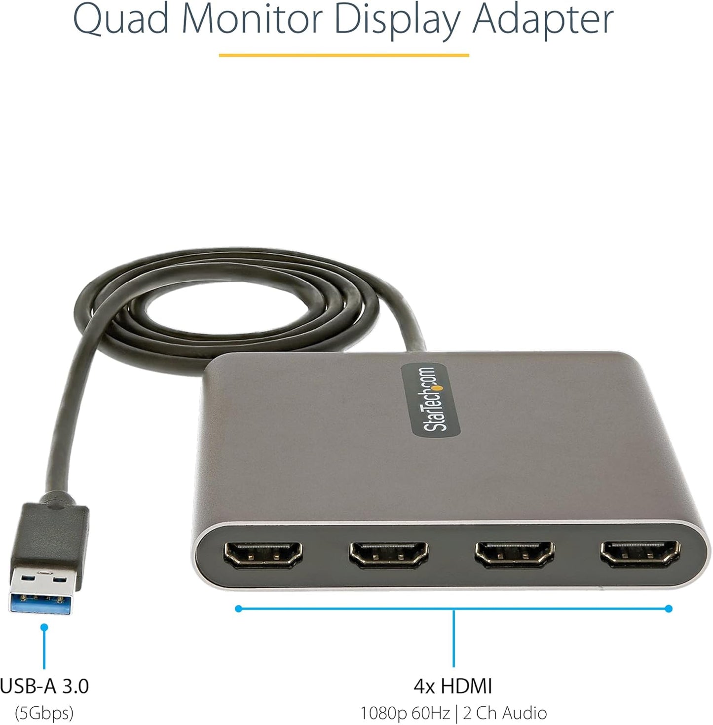 StarTech.com USB 3.0 to Quad HDMI Adapter, USB to 4x HDMI Monitor Converter for Windows, TAA (no support for macOS/ChromeOS/Linux)