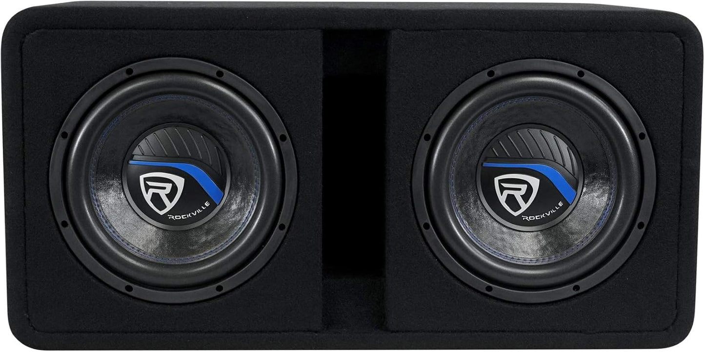 Rockville DV10K52 Dual 10" K5 2400w Car Subwoofers, Pre-Loaded Vented Sub Enclosure Box, 2 Ohm, 3/4" MDF, Cast Iron Basket, for Powerful Car Audio Bass