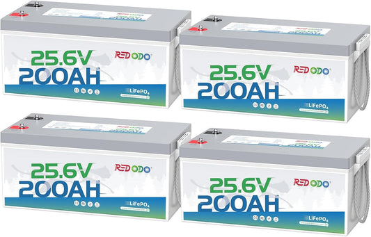 Redodo 24V 200Ah LiFePO4 Lithium Battery, Built in 200A BMS, Max. 5120Wh Energy, Up to 15000 Deep Cycle Lithium Battery, Perfect for Solar Home System, RV, Off Grid, Marine (4 Pack)