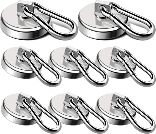 LOVIMAG Magnetic Hooks Heavy Duty, 110LBS Strong Magnetic Hooks Neodymium Magnets with Carabiner Hook, Magnet Hooks with Swivel for Grill, Hangning, Cruise, Kitchen, Garage, Refrigerator (8 Pack)