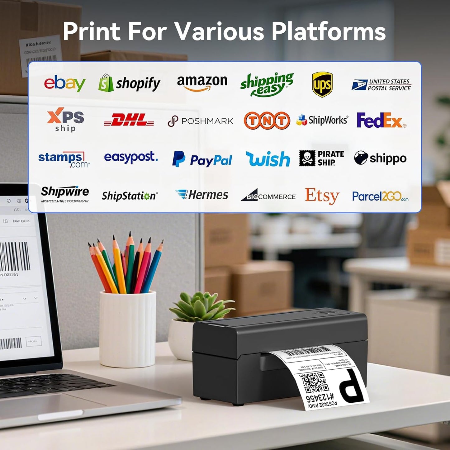 Bluetooth Thermal Shipping Label Printer, Wireless 4x6 Shipping Label Printer for Packages, High-Speed Thermal Printer Compatible with Android, iOS & Windows for Amazon, Ebay, Shopify, USPS