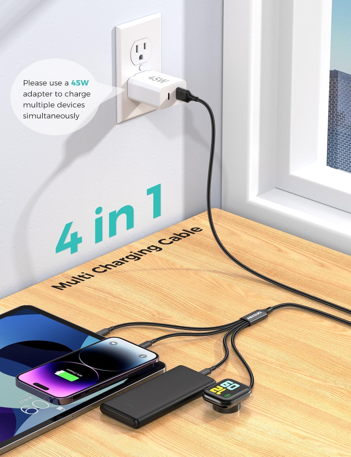 Travel Essentials Multi Charging Cable for Watch Charger 4 in 1 Fast Charger Camping Essentials USB C/L/Micro Compatible with Watch Series 10-1/SE/Ultra Phone 16 15/Galaxy Android-4FT/Black