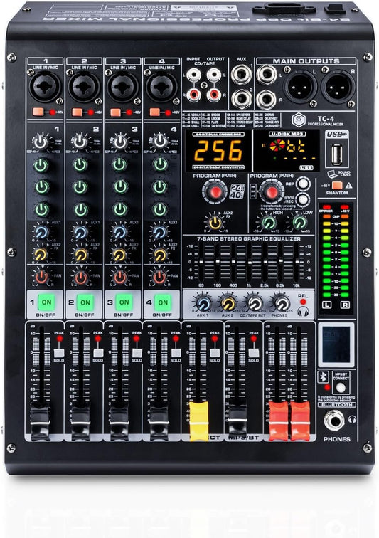 W IN-MIX 4 Channel Professional Audio Mixer with MP3 Player and Bluetooth U disk 48V Phantom Power Source USB recording for Studio Recording, Live Performances