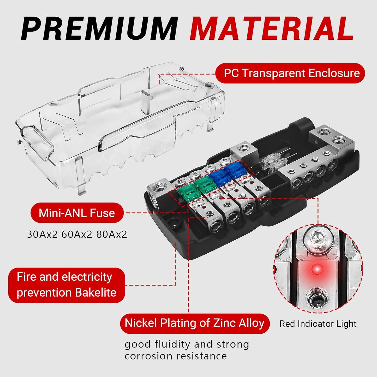 Fused Power Distribution Block Car Audio 4 Way MIDI(Mini-ANL) 12V Fuse Block with Red LED Indicator, 0/4 Gauge Input 4/8 Gauge Output for Auto Marine UTV