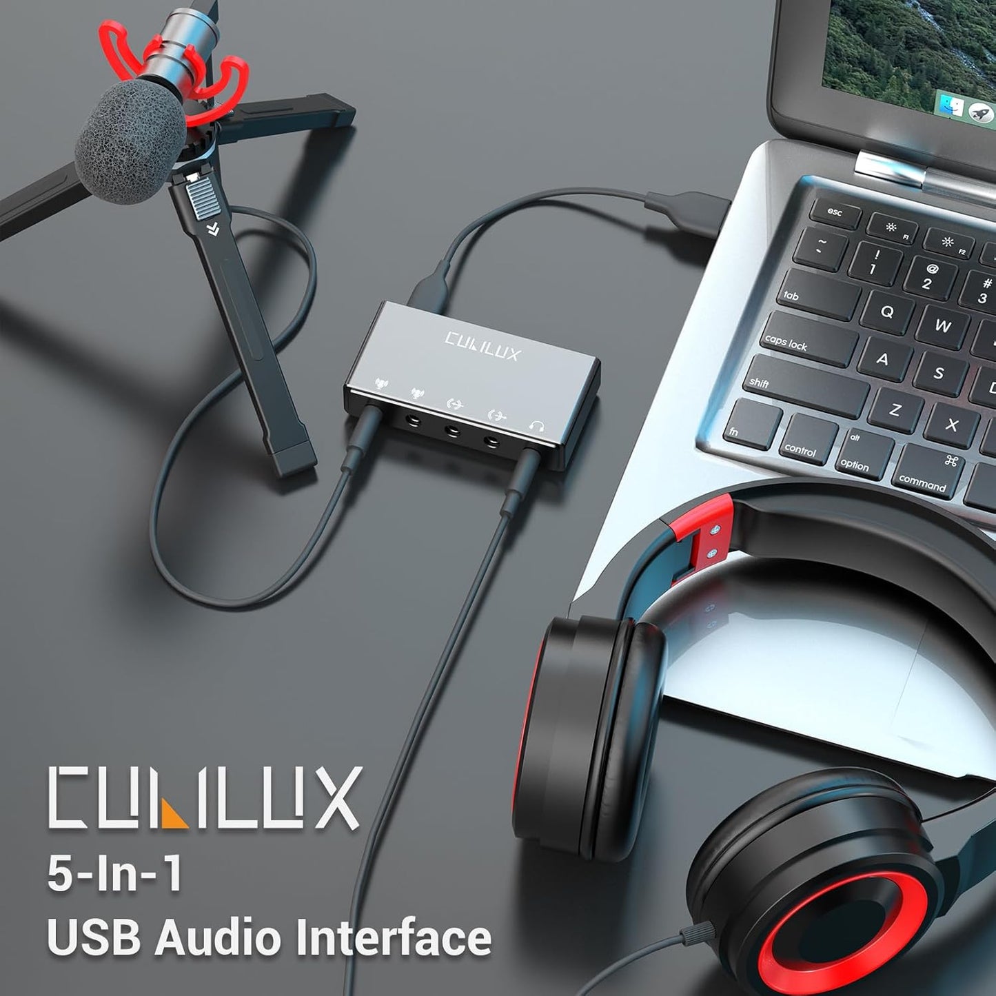 Cubilux CB5 USB Audio Interface for Recording, Streaming, Podcasting, USB to 3.5mm Sound Card with Stereo Microphone Input, Line-In, Line-Out & Headphone Jack for Monitors, Support Windows & Mac OS