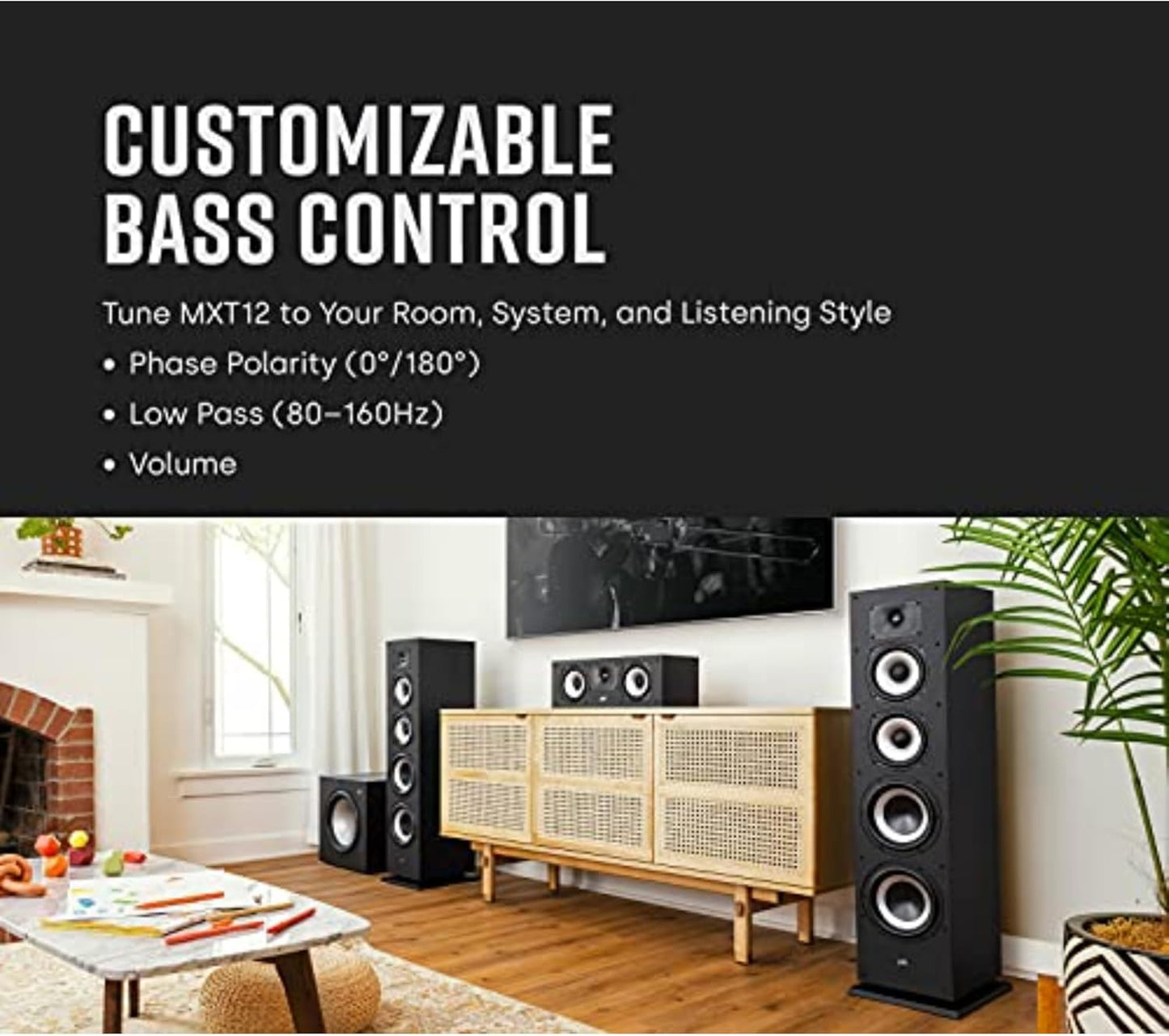 Polk Monitor XT12 Powered Sub - 12" Dynamic Balanced Woofer & 100W Class A/B Amplifier, Low-Resonance MDF Cabinet & Removable Grille, Dolby Atmos & DTS:X Compatible, Midnight Black