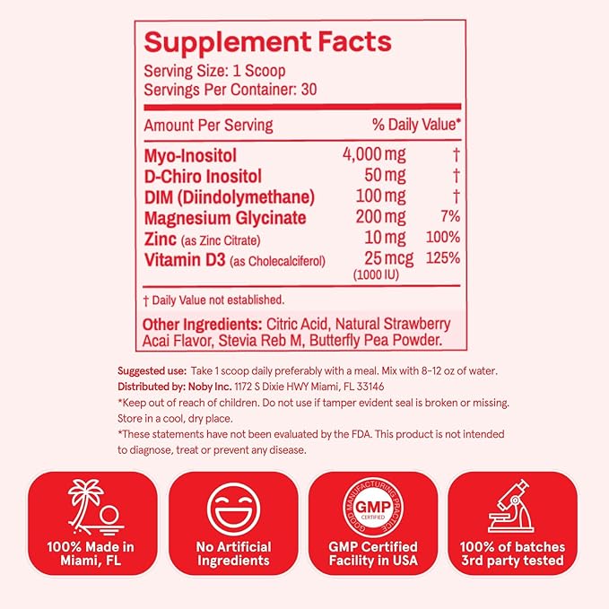 Inositol Powder Multivitamin, Strawberry Acai Flavor – 4g Myo & D-Chiro Inositol, DIM, Zinc, Magnesium Glycinate, Vitamin D3 – Supports Women’s Health, Cycle, Energy, 30 SVG