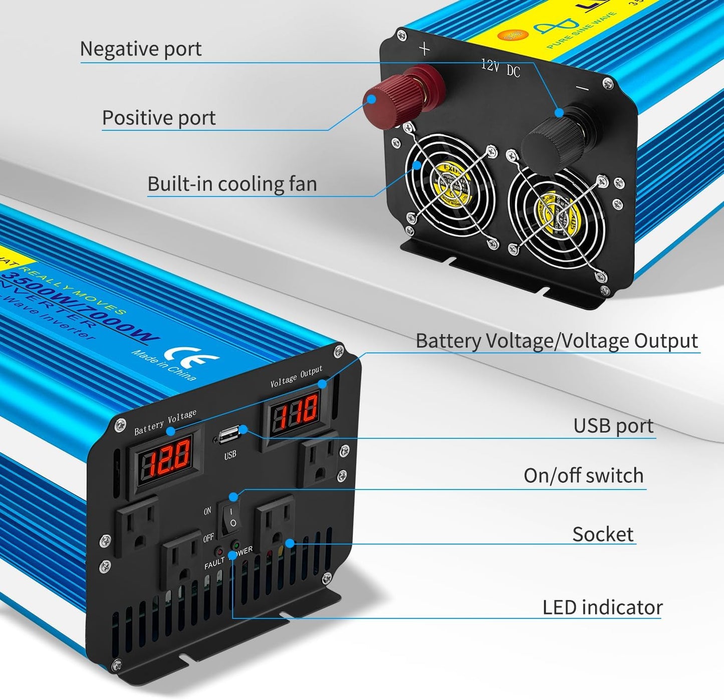 Yinleader 3500 Watt Pure Sine Wave Power Inverter 12V DC to 110V/120V AC Converter for Family RV Camping Boat Emergency/4 AC Outlets and LCD Display, Remote Controller