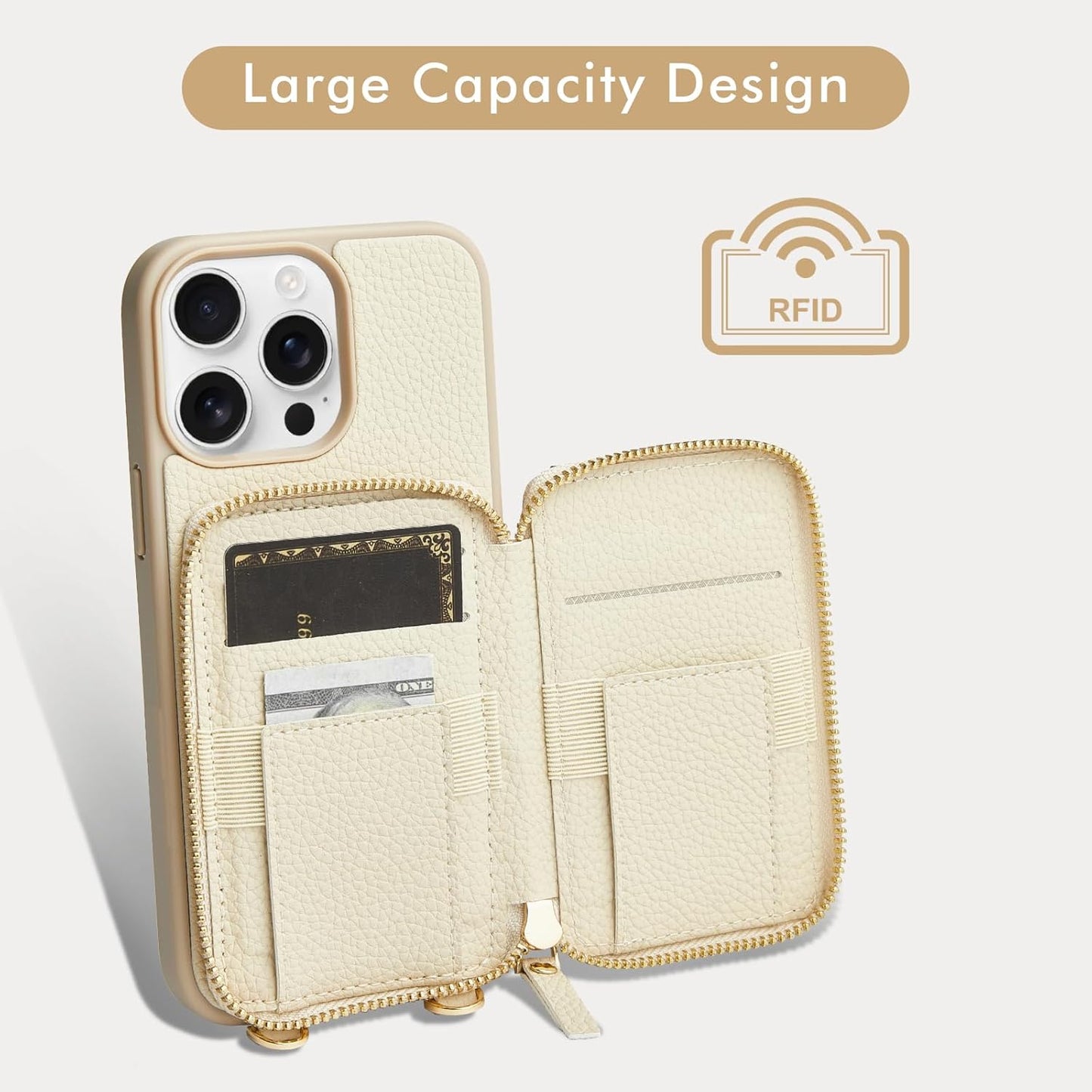 LAMEEKU for iPhone 15 Pro Wallet Case with Credit Card Holder, Zipper Leather Crossbody Case with Phone Grip Holder Stand Wrist Strap Lanyard for Women for Apple iPhone 15 Pro 6.1 inch Beige