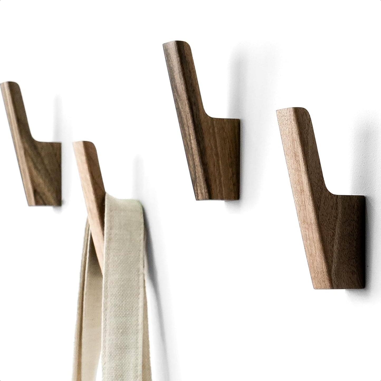 Wall Hooks - Set of 4 - Dark Walnut or Light Ash Wood Coat Hooks for Hanging Hat, Purse, Backpack, Bag, Jacket. Modern Farmhouse Decor for Wall and Practical Entryway Hooks (Walnut Wood)
