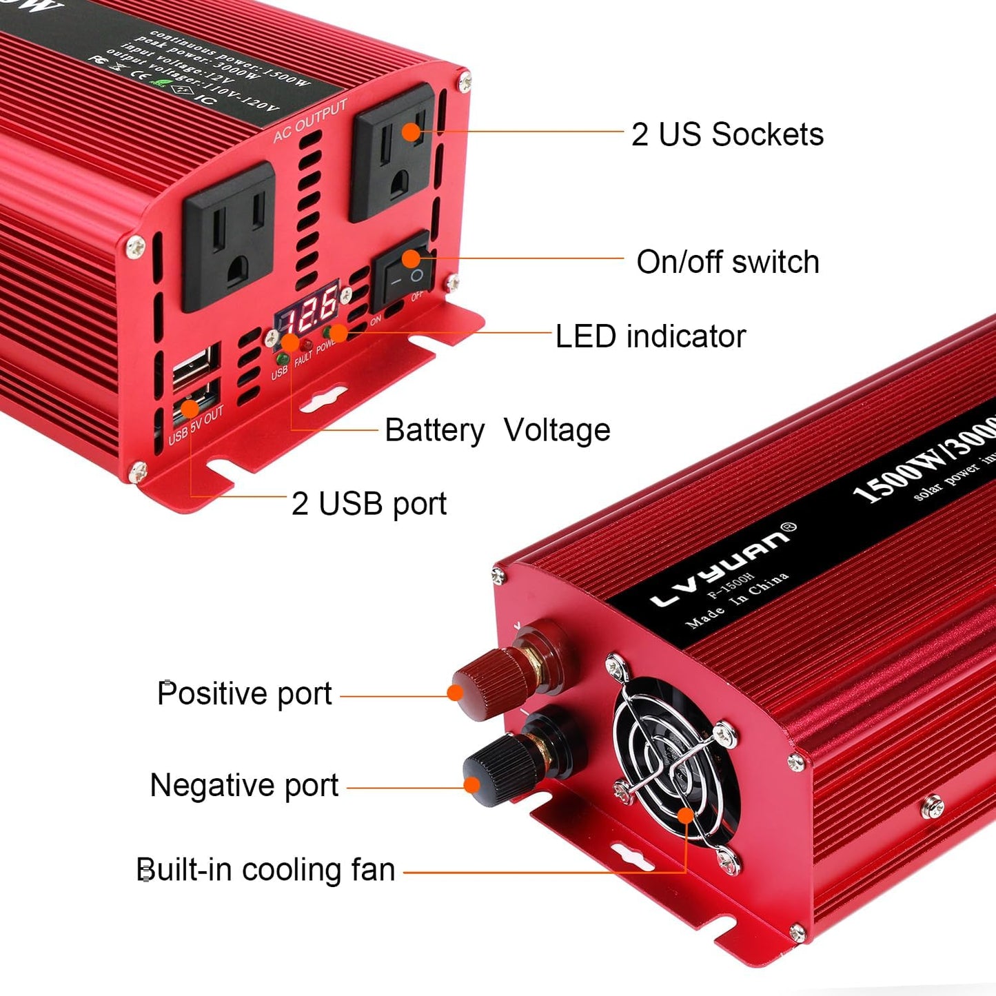 Yinleader 1500 Watts Car Power Inverter 12V to 110V,DC to AC Converter Dual AC Outlets and Dual 3.1A USB Ports for RV Caravan Truck Laptop Camping