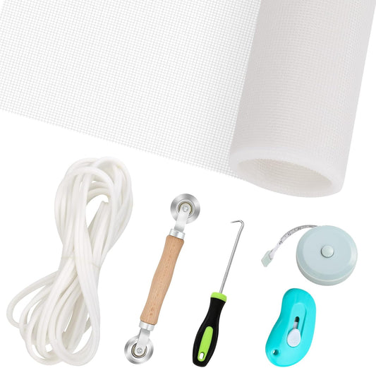 Windows Screen Replacement and Screen Door Repair Kit, 6Pcs Window Screen Fiberglass Mesh Kit - Window Screen & Screen Door Mesh & Screen Porch Repair Kit (White, 59" x 106")