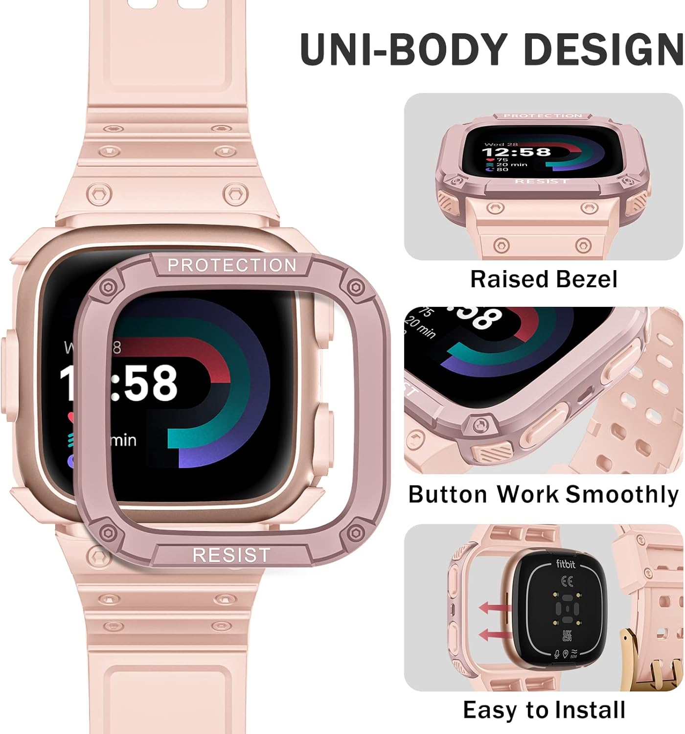 FINTIE Bands with Case Compatible with Fitbit Versa 4/3/2/1/Versa Lite/Fitbit Sense 2/Sense, Protective Case Strap Rugged Sport Band Men, Pink Sand