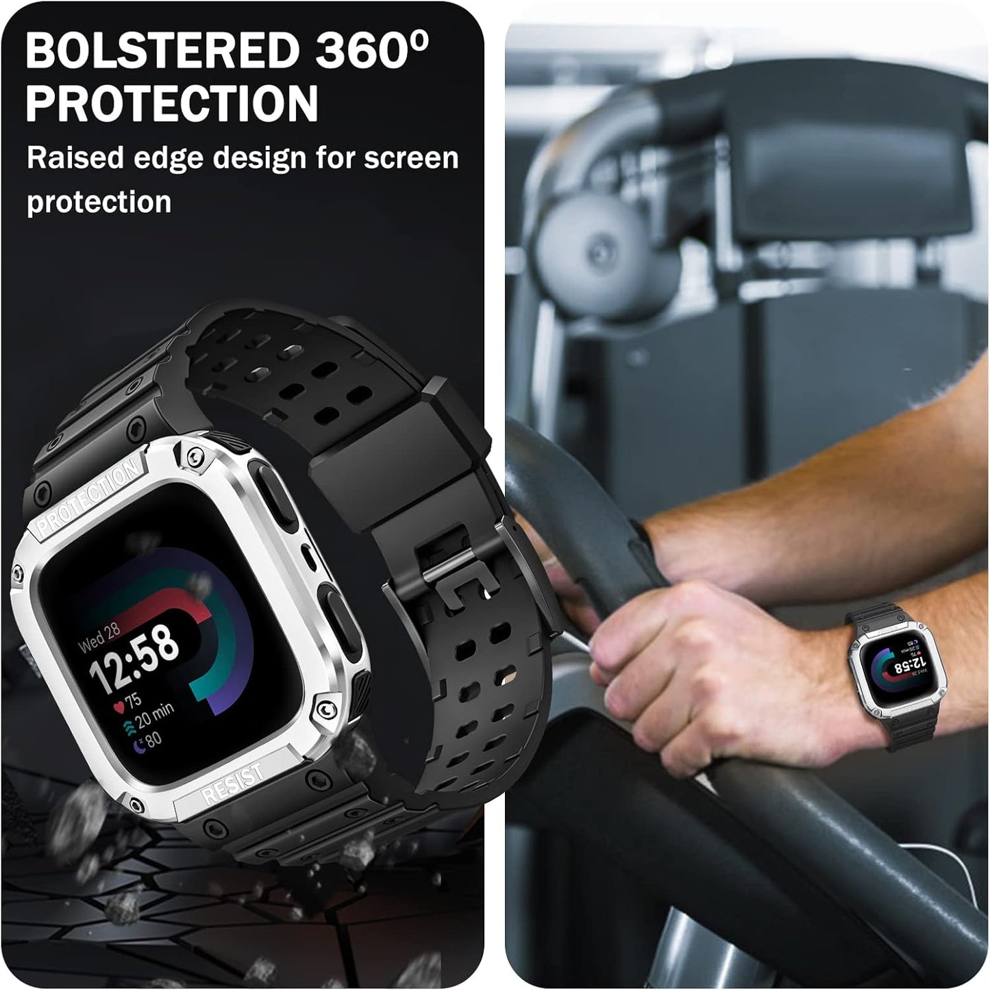 FINTIE Bands with Case Compatible with Fitbit Versa 4/3/2/1/Versa Lite/Fitbit Sense 2/Sense, Protective Case Strap Rugged Sport Band Men, Black/Silver