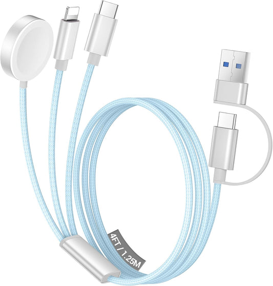 Temdan for Travel Vacation Essentials,3 in 2 USB C Cable for Apple Watch Charger/iPhone 16 Charger/Lightning,Multi Charging Cable Cord,Camping Essentials,Designed for iWatch & iPhone 16-12-4FT Blue