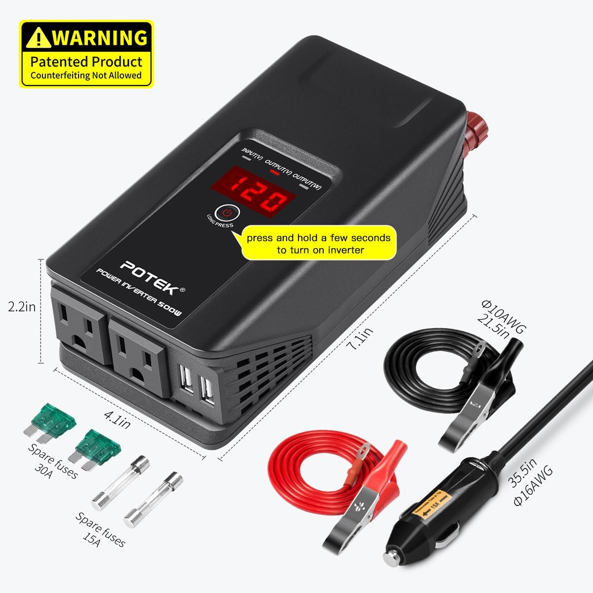 Potek 500w power inverter DC 12V to AC 110V Car Adapter with 2 5V/2A usb charging output