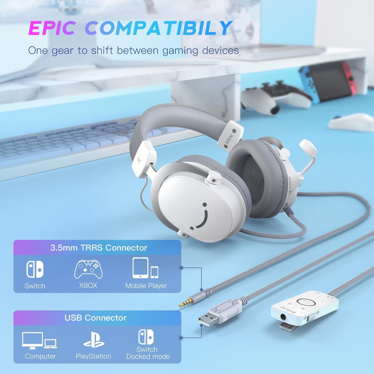 FIFINE USB PC Gaming Headset with 3.5mm Audio Jack, Detachable Microphone, 7.1 Surround Sound, Volume Control, Streaming Over-Ear Wired Headphones for Computer, PS5, Controller, Xbox-H9 White