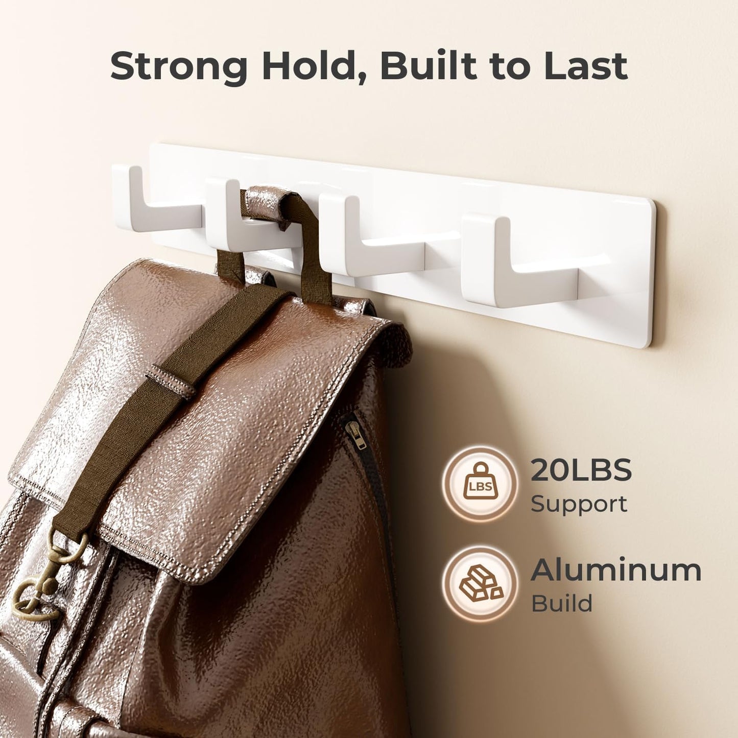 White Wall Mounted Coat Rack - 2 Modular Rails (25'' Total), 8 Right-Angle Hooks, Modern Organizer for Entryway, Bathroom, Bedroom, Holds Coats, Towels, Hats